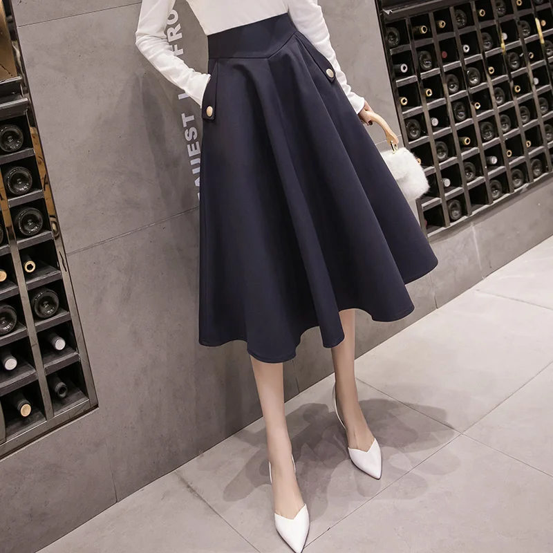 

Faldas de cintura alta para mujer, Falda Midi con bolsillos coreanos, elegante, para oficina, 2021