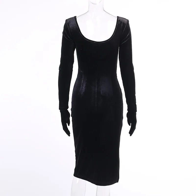 

Sexy Deep V-Neck Twist Knot Split Midi Dress With Gloves Spring Casual Long Sleeve Black Bodycon Dresses Women Party Club Dress