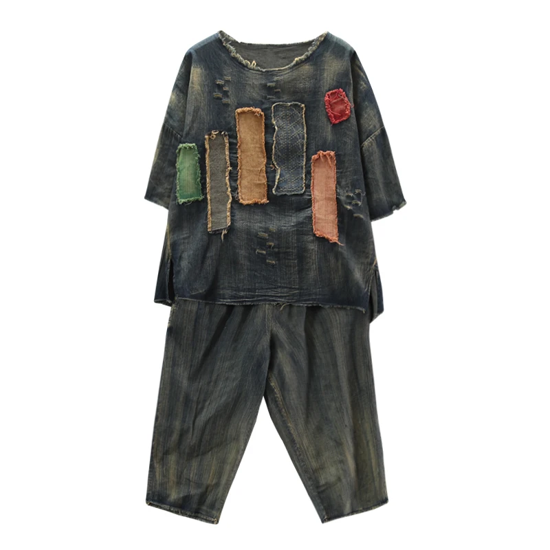 Комплект из 2 предметов для женщин в винтажном стиле В мозаичном Рваные пуловер