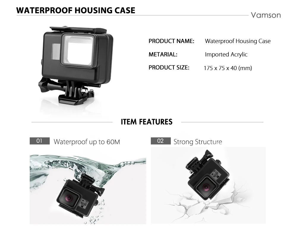 Vamson для Gopro Hero 7 6 5 черный комплект аксессуаров Водонепроницаемый защитный корпус чехол для дайвинга 60 м для Go pro 7 6 5 камера VP633