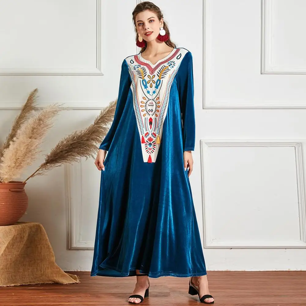 

Winter Women Patchwork Long Dress Loose A Line Velvet Full Sleeves Embroidery Abaya Caftan Casual Muslim Modest Gown Plus Size