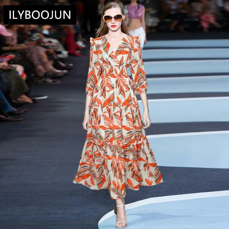 

Runway Fashion Autumn Long Dress 2021 New Women's V-Neck Lantern Sleeve Elastic Waist Floral Print Party Dress