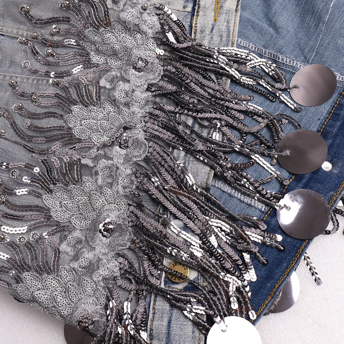 Куртка женская джинсовая короткая с бахромой свободная верхняя одежда из денима