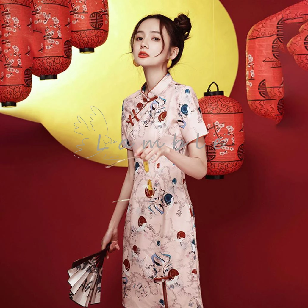 Мини платье в китайском стиле с коротким рукавом и воротником стойкой|Женские