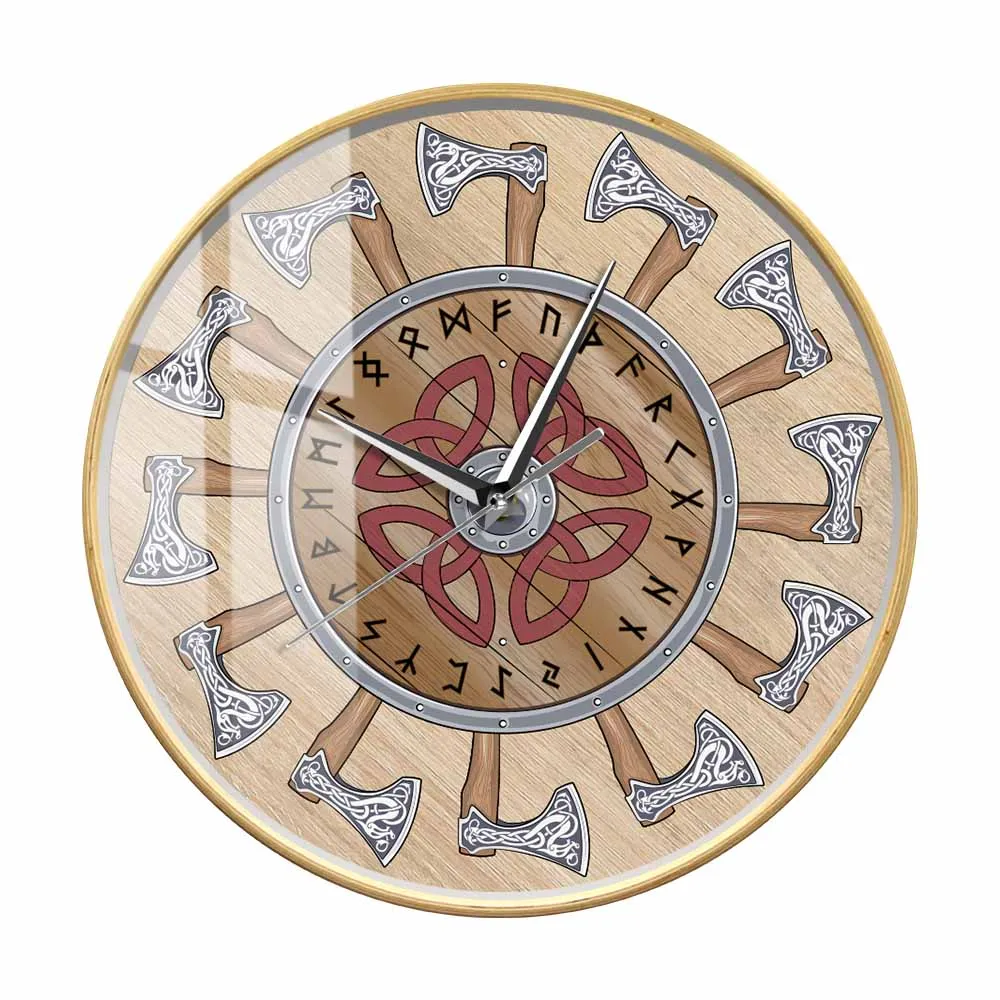 

The Circle Of Battle Axes Medieval Wooden Frame Wall Clock Viking Shiled with Nordic Runes Rustic Style Silent Sweep Wall Watch