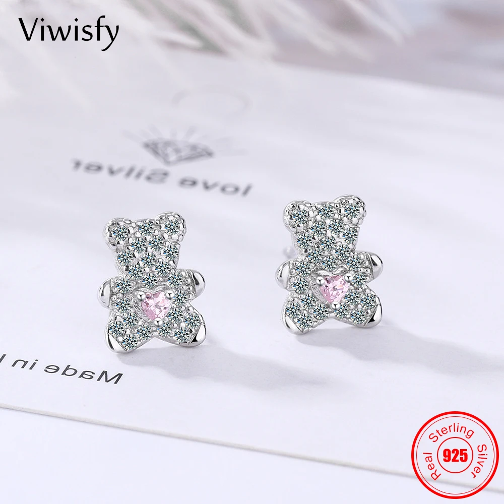 

Viwisfy Cute Bear Creative Gift Jewelry Real 925 Sterling Silver Stud Earrings For Women Crystal VW21511