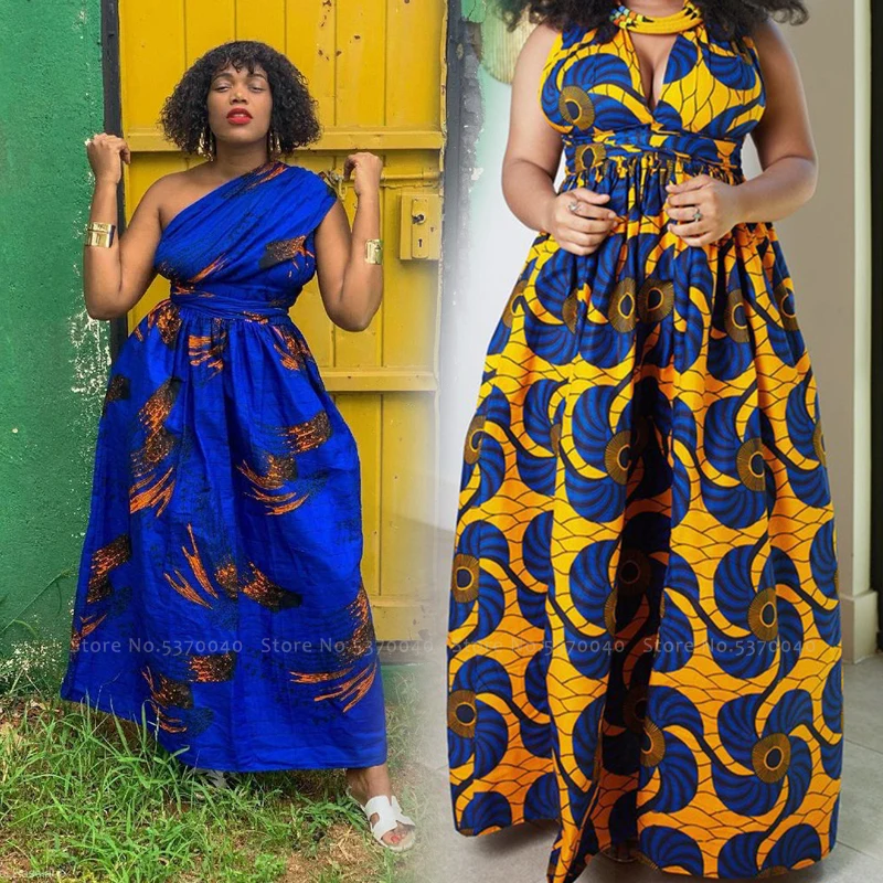 

Women African Clothing Bohemian Print Skirt Boho Style Wide Leg Jumpsuit Fashion Bazin Riche Kanga Dress Carnival Party Costumes