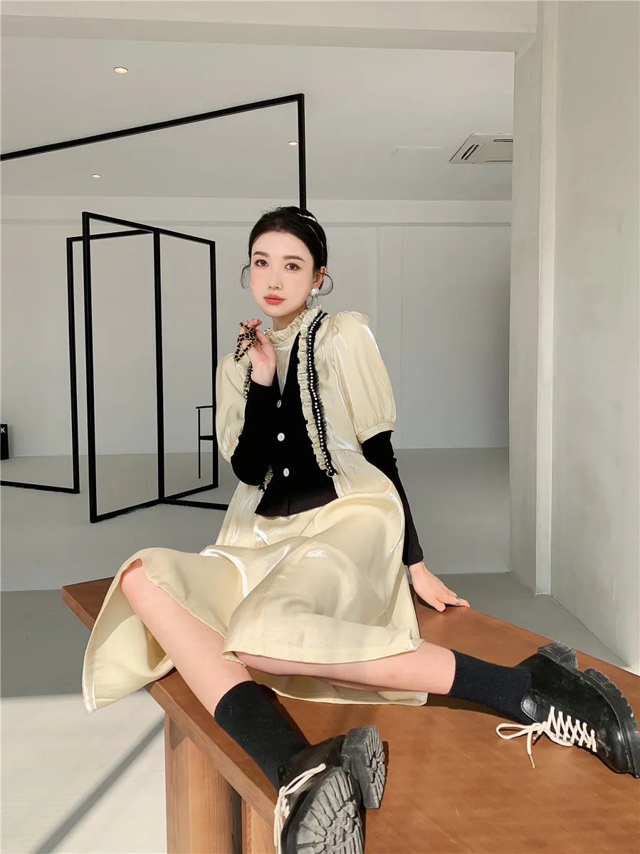 

Bornladies Vintage Patchwork Long Sleeve Midi Dress Women Ruffles Puff Sleeve Long Ladies Glitter Dress Korean Fashion Clothing