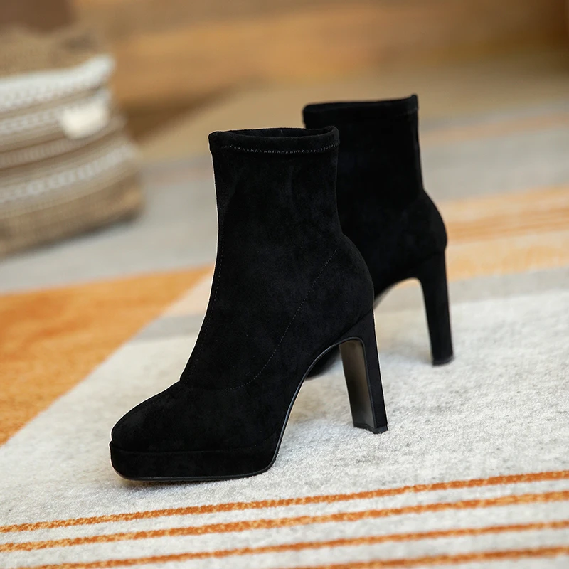 

Prova Perfetto Winter New Thick Heel High Heels Square Toe Fashion Women's Boots Waterproof Platform Short Frosted Elastic Boots