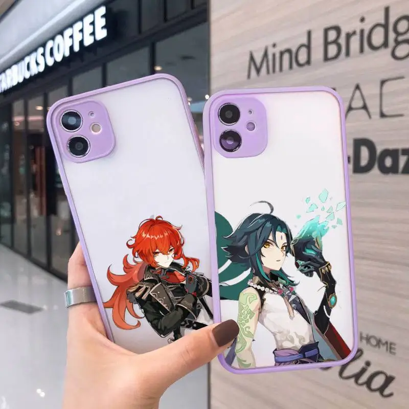 

genshin impact Phone Case For iPhone 12 11 Mini Pro XR XS Max 7 8 Plus X Matte transparent Purple Back Cover