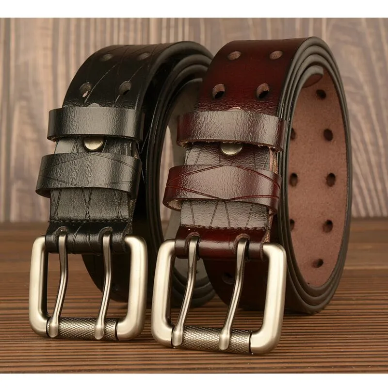 Leather Double Pin Buckle Belt Men's Fashion Casual Retro Wild Jeans Business Men Cow Cowhide Brown Luxury Design Belt Black