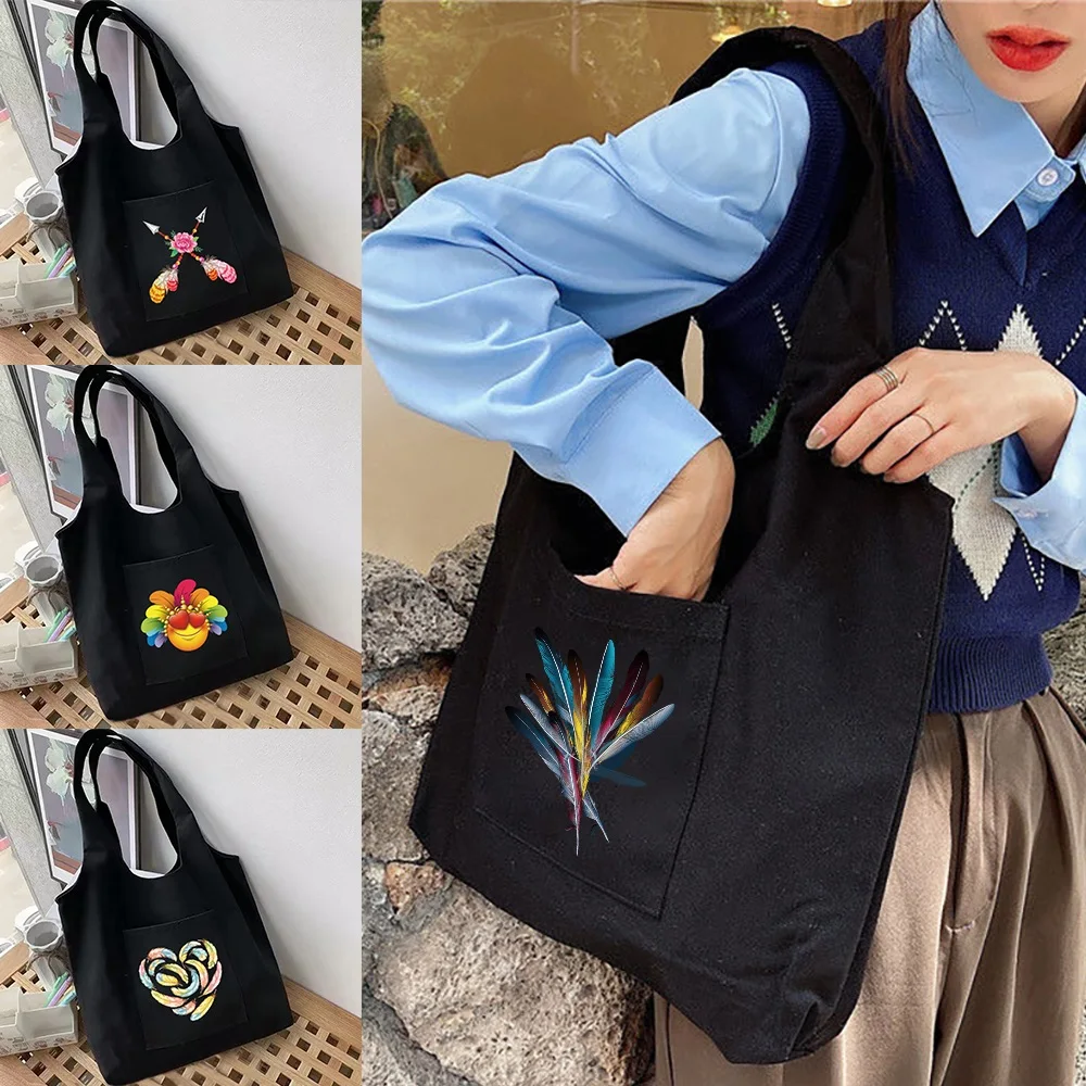 

Women's Shopping Bags Shoulder Shopper Vest Bag Feather Series Cotton Canvas Grocery Eco Handbags Reusable Commuter Tote Bag