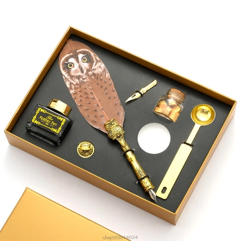 

Retro Calligraphy Quill Owl Feather Dip Pen with Nib Wax Seal Stamp Gift Box Stationery Mar03 21 Dropship