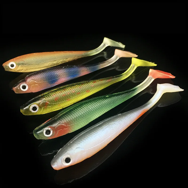 5 Pcs/lot Rainbow Fishing Lures 90mm 5g Wobblers Carp Fishing Soft Lures Silicone Artificial Double Color Baits T Tails