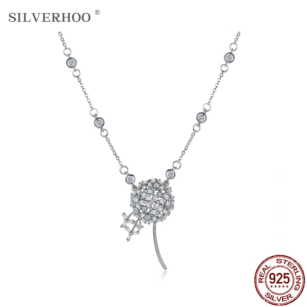 

SILVERHOO Trendy Dandelion Necklace Pendant Shining Zircon Choker Necklaces For Women Sterling Silver 925 Jewelry Romantic Gift