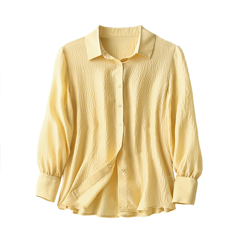 

SHUCHAN Basic Button Up Shirt Turn-down Collar Silk Office Lady Solid Button Down Shirt for Women Free Shipping Items Clothes