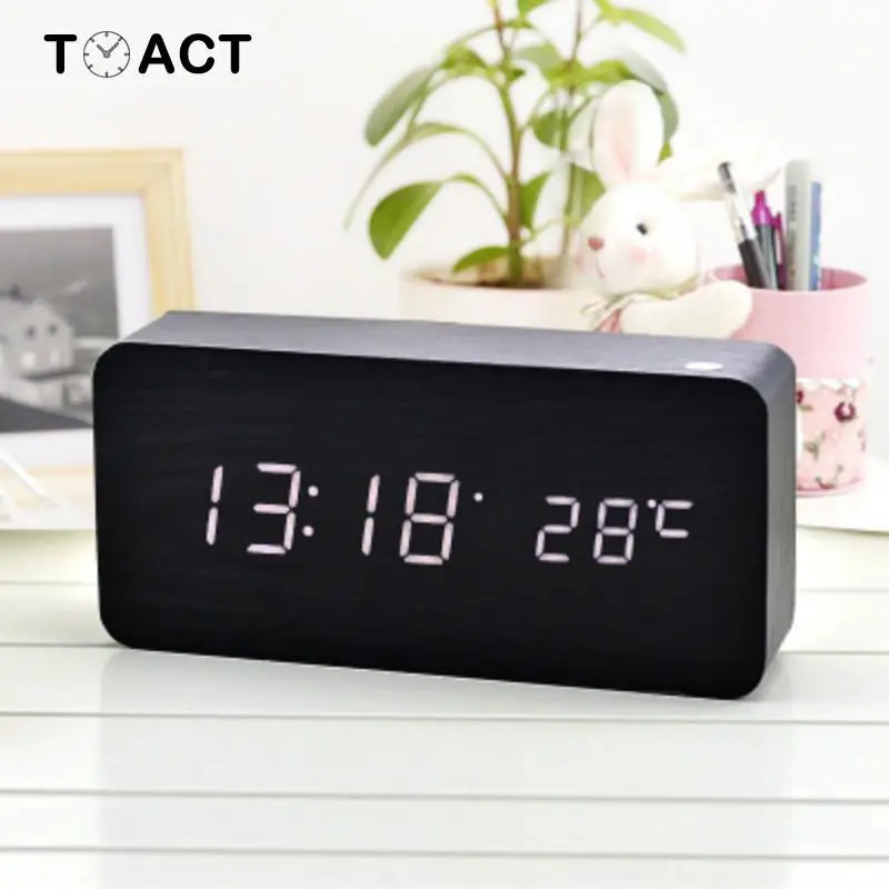 Светодиодный Деревянный цифровой будильник ночник Дисплей температура стол Clockes