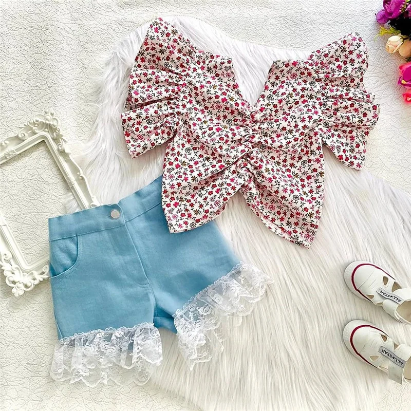 

2Pcs 1-6Years Baby Girls Cotton Clothing Set,Flower Print V-Neck Short Sleeve Tops+Lace Trim Denim Shorts for Children Girls