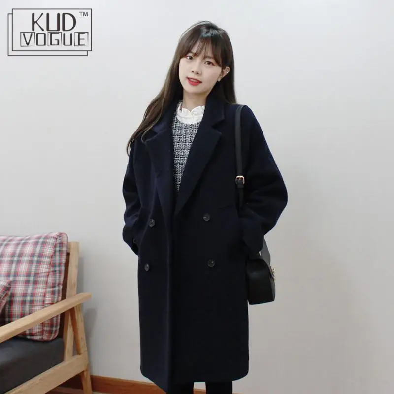 Женское шерстяное пальто оверсайз в Корейском стиле винтажное теплое длинное с
