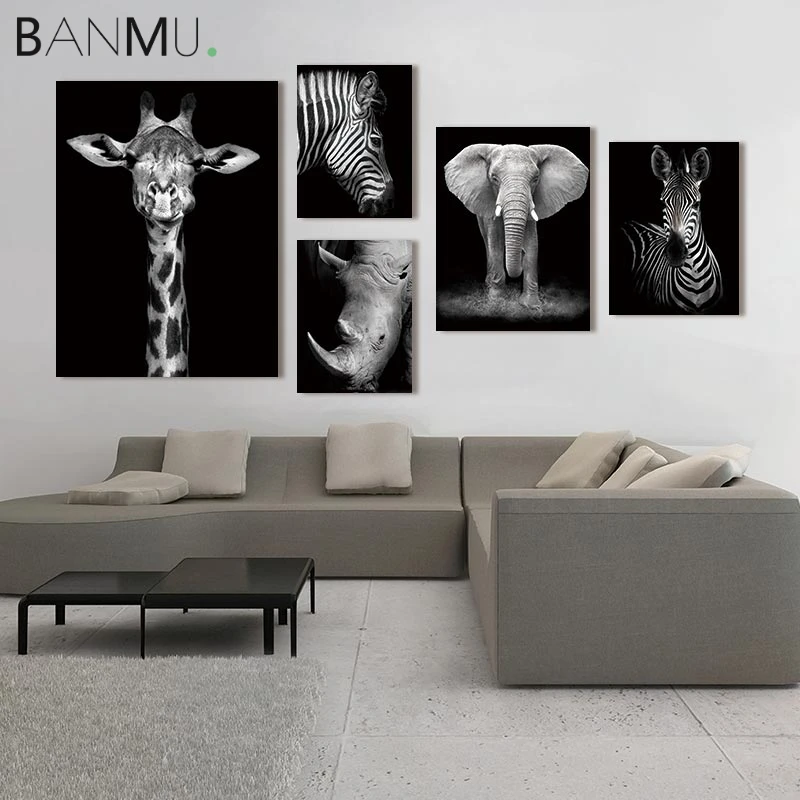 BANMU HD черный и белый Жираф носорог Картина на холсте для стены печать животных