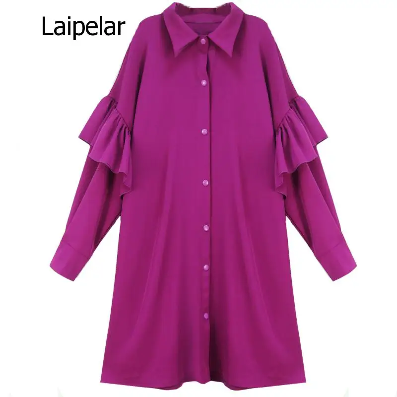 

Rose Red Lapel Long Sleeve Ruffled Waistband Single-Breasted Loose Plus Woman Dress Casual Fashion 2020 Autumn New