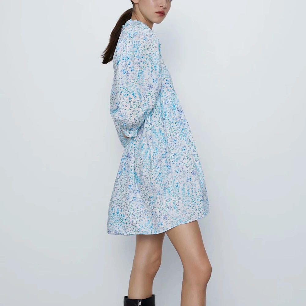 Женское платье с длинным рукавом ZA синее до колена цветочным принтом и круглым