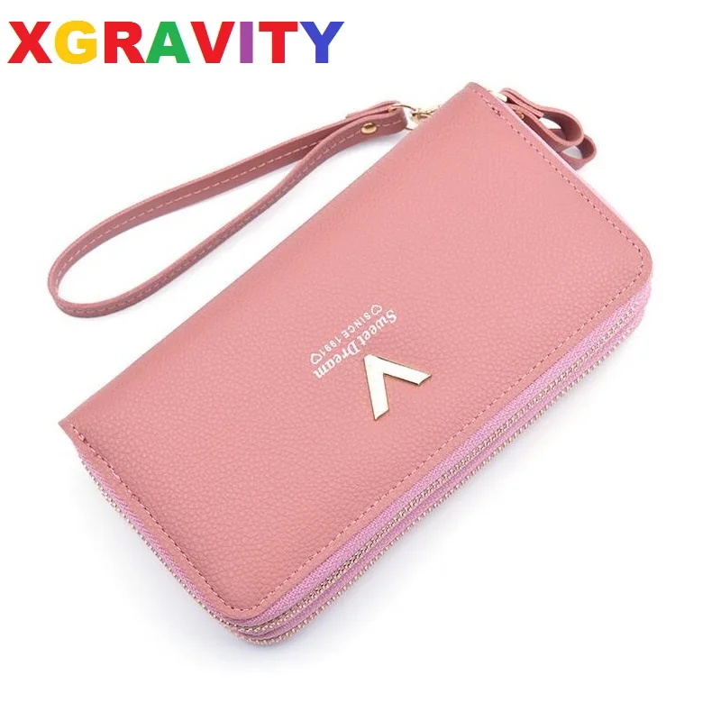 

XGRAVITY New Long Purses Women Dual Zip Wallets Money Card Mobile Phone Bag Design Black Purse Branded Ladies Wallet For Ladies