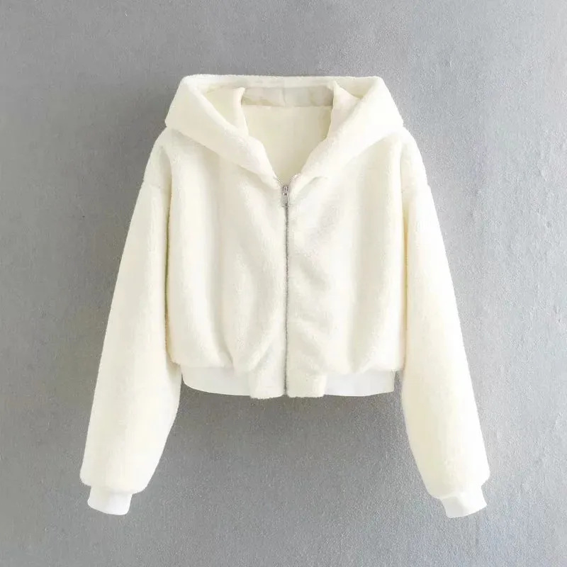 

Merodi Winter Vogue Ladies Rabbit Fur Warm Thick Jackets Women Stylish Autumn Long Sleeve Zipper Hooded Thick White Outwear