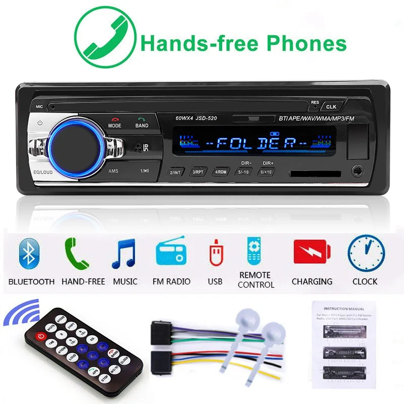 

12-24V Autoradio JSD 520 Stereo 1 Din Car Radio Bluetooth Fm Aux Input Receiver Car Truck Audio SD Usb Mp3 Mmc Wma Handsfree