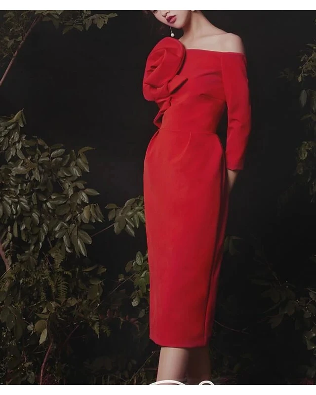 

Vintage Red Off Shoulder Half Sleeve Tea Length Formal Evening Dress Sheath Flowers Prom Party Gowns vestidos de Festa