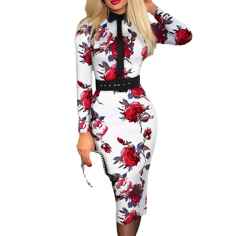 

Floral Print Midi Dress Women Chic Back Zip Long Sleeve Vestidos Female Belt Party Slim Fit Dress Turn Down Collar Shirt Dress