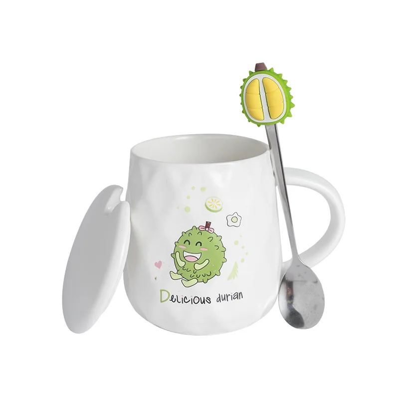 

Cute Cartoon Durian Fruit Ceramic Cup Student Korean Style with Cover Spoon Couple Water Cup Household Coffee Cup Mug