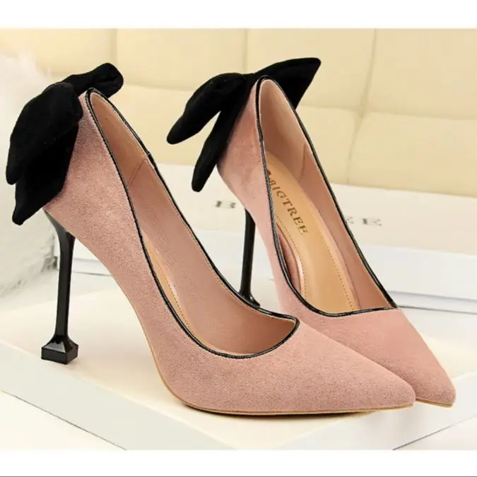 

2021 fashion sexy women's high heels stiletto high heel suede shallow pointed bow women's shoes
