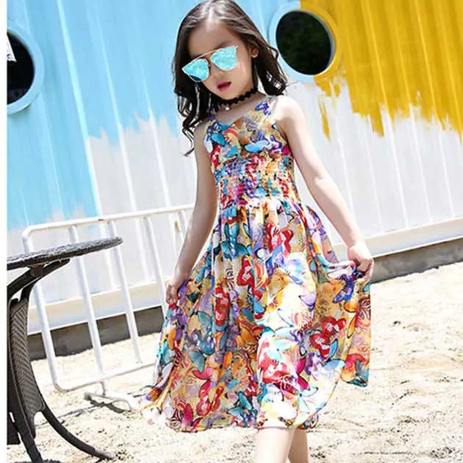 Платье на бретельках с принтом бабочки для девочек облегающее богемное детское