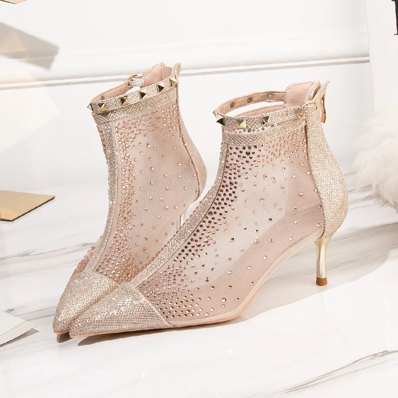 Модные дизайнерские свадебные ботильоны с заклепками и сеткой для девочек