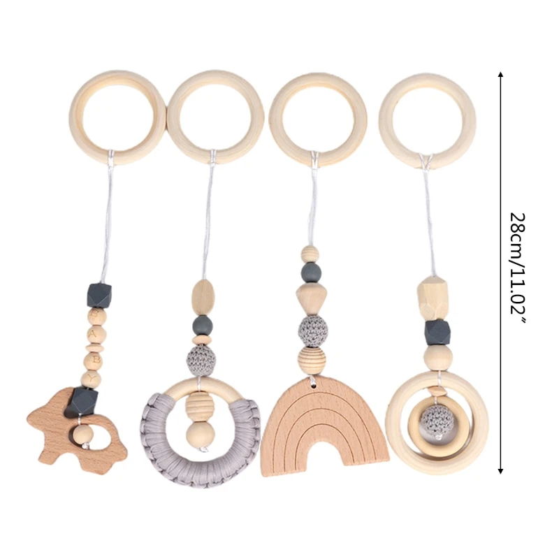 

4 Pcs/Set Baby Teething Nursing Rattle Toys Gifts Play Gym Frame Stroller Hanging Pendants Wooden Ring Teether Molar