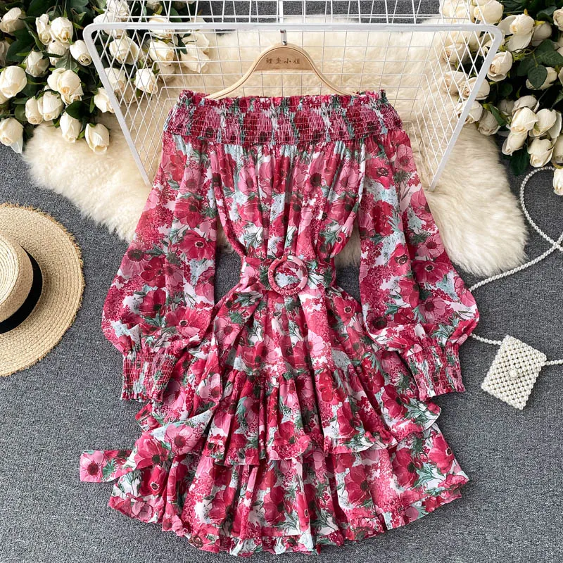 

A066 Holiday Autumn 2021 New Fashion Women Slash Neck Long Sleeve Floral Print Mini A-line Dress Sexy Clothes Vestidos