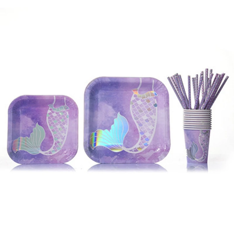 

Mermaid Tail Disposable Tableware Birthday Party Supplies Creative Mermaid Plate Under the Sea Mermaid Cup