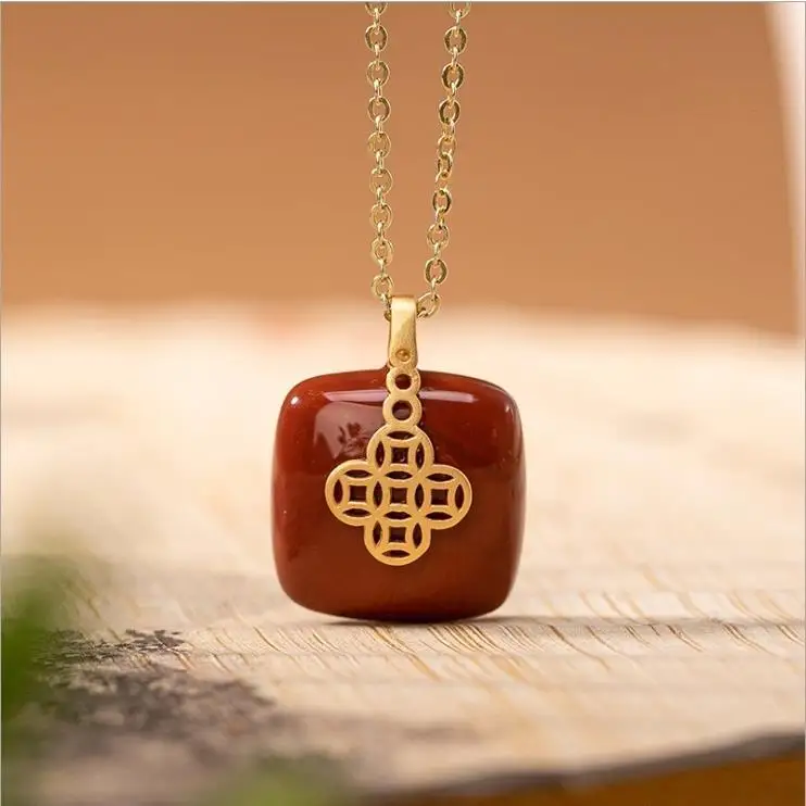 

Original drop glue enamel porcelain geometric Chinese Knot Pendant Necklace Chinese style retro small exquisite elegant jewelry