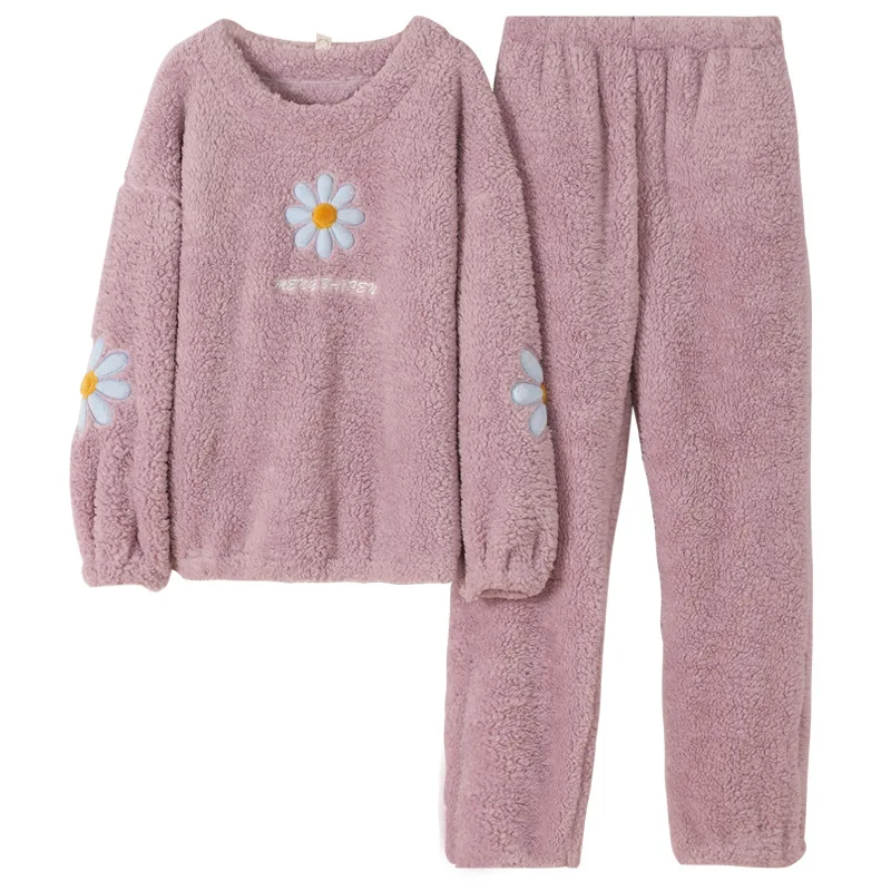 

Women's pajamas Suit Winter Flannel Plus Velvet Lingerie Thick Warm Pajamas Set Homewear Pullover Long-sleeve Trousers Nightwear