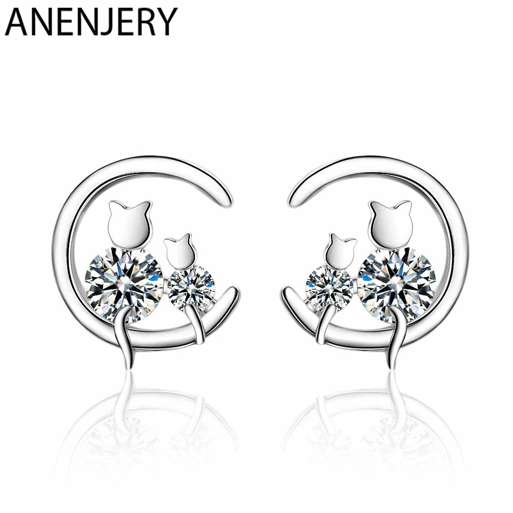 Женские простые серьги гвоздики ANENJERY 925 пробы серебряные с цирконием подарочные S