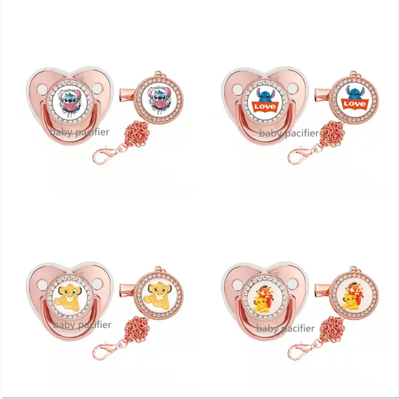 

DisneyStitch The Lion King Cartoon Baby Pacifier with Chain Clip Newborn BPA Free Luxury Bling Dummy Soother Chupeta 0-18 Months