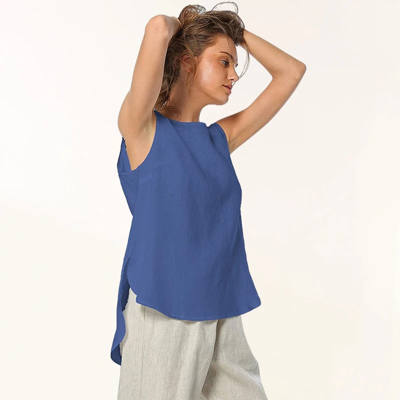 

2021 New 100% Linen Women Tank Top Casual Loose O-Neck Sleeveless Asymmetric Basic Summer Y2k Tops Female Clothing
