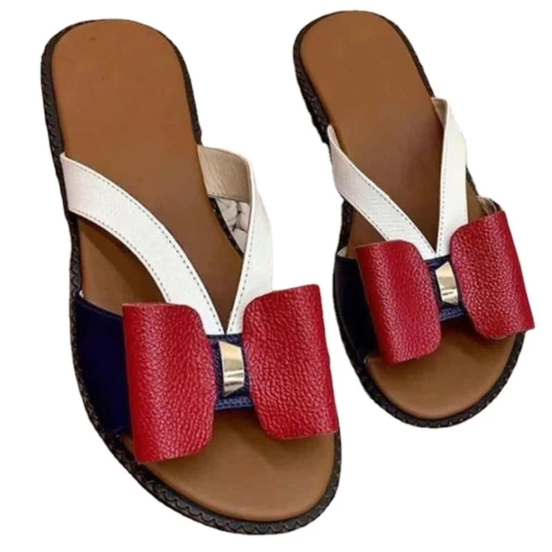 

Women Shoes 2021 Summer Woman Fashion Flat Color Bowknot Large Size Sandals Slippers Female PU Beach Outdoor Slides