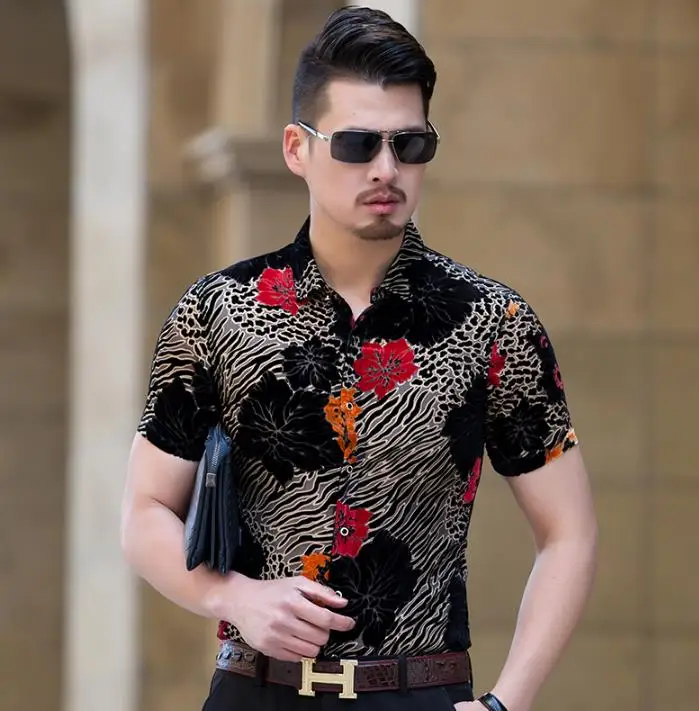 Мужская повседневная Модная шелковая велюровая рубашка с леопардовым принтом и