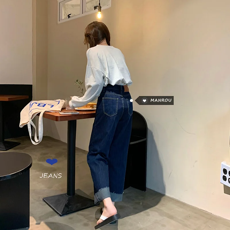 

2021 autumn new Korean versatile dark blue high waist jeans women's loose and thin casual straight pants