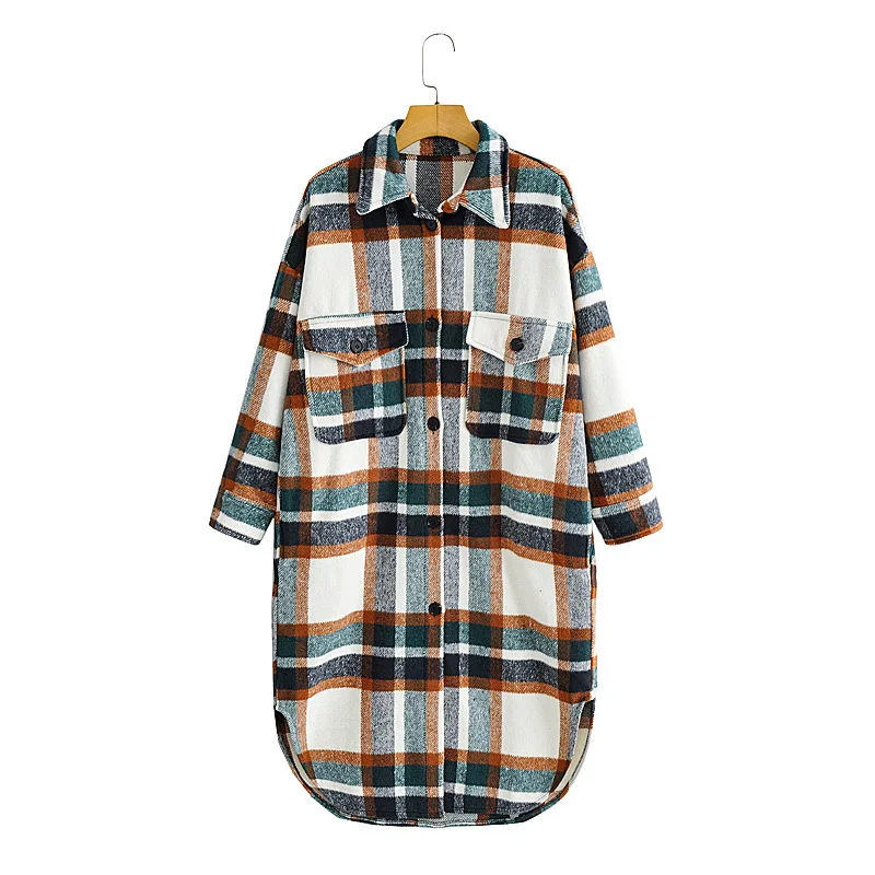 

Long Checked Coat Women Autumn Winter Clothing 2021 Wool Blends Turn Down Collar Jacket Outerwear Multicolor Casual Overcoats