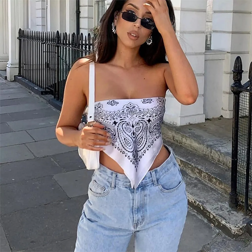 

2022 Hot Sale Women Vintage Paisley Bandanna Print Wrap Chest Sexy Chic Crop Top Ladies Summer Backless Sleeveless Slim Fit Top
