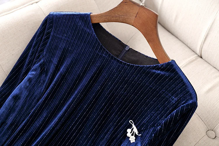 Autumn Winter Navy Blue Casual Velvet Women Long Sleeve Solid Elegant Dress Women Plus Size Dinner Dresses for Women Robe