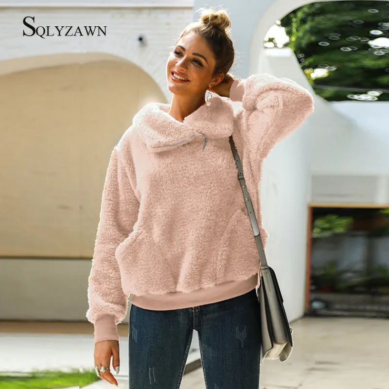 Женский теплый флисовый пуловер на осень и зиму пушистый свитшот с длинным